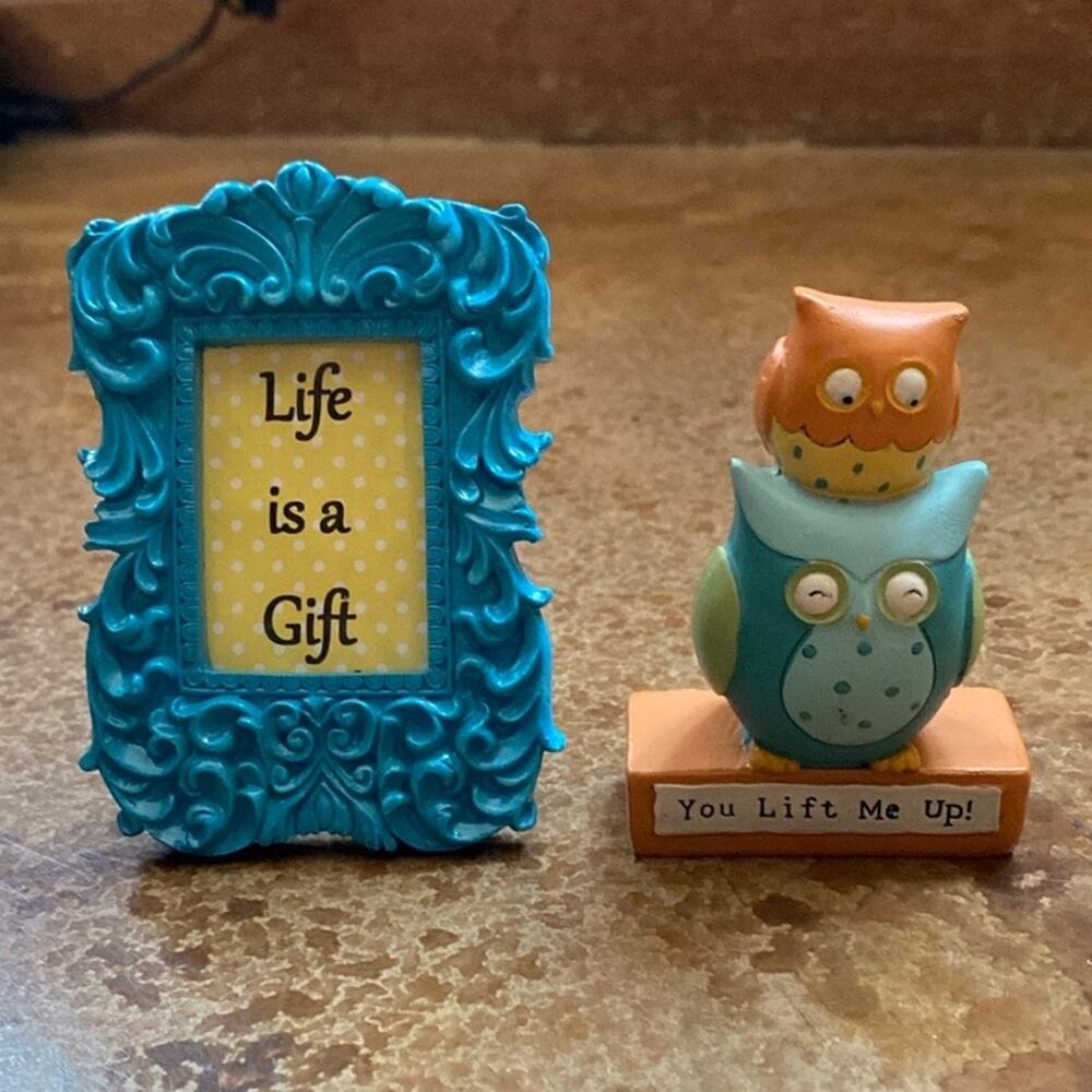 Blossom Bucket orange and blue owl figurine and framed mini print